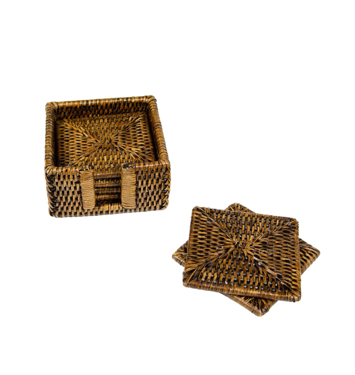 Rattan Square Coaster and Holder Set in Natural