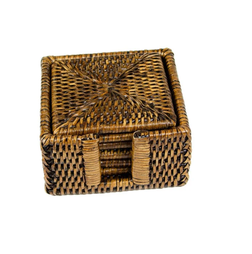 Rattan Square Coaster and Holder Set in Natural