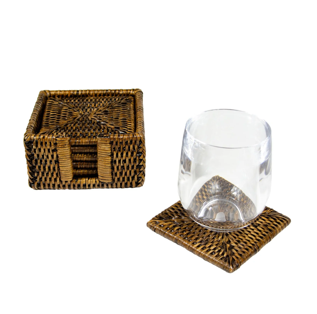 Rattan Square Coaster and Holder Set in Natural