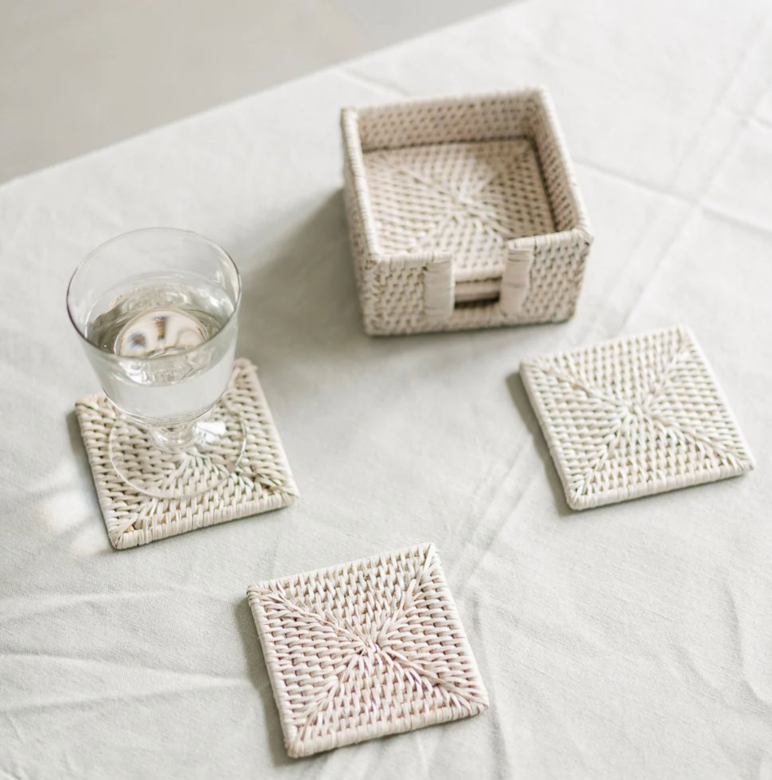 Rattan Square Coaster and Holder Set in Cream