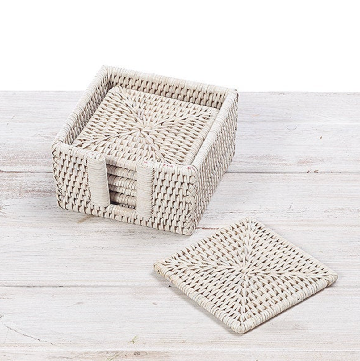 Rattan Square Coaster and Holder Set in Cream
