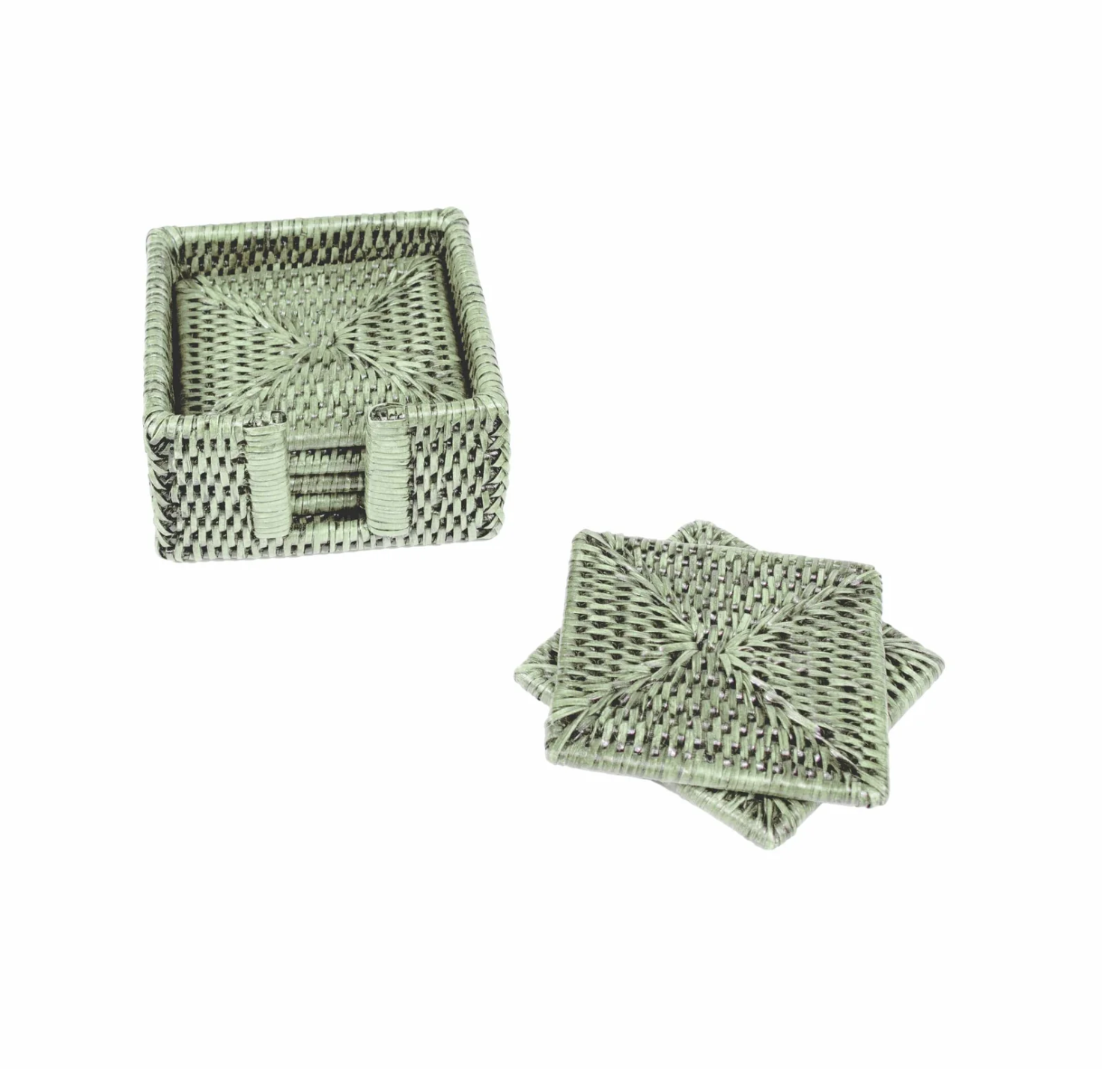 Rattan Square Coaster and Holder Set in Green