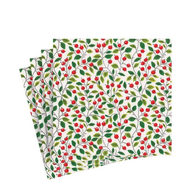 Berries and Leaves Paper Cocktail Napkins in White