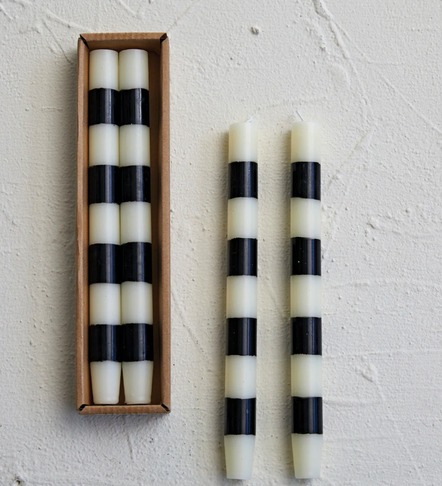 Unscented Taper Candle Ivory Black Stripe