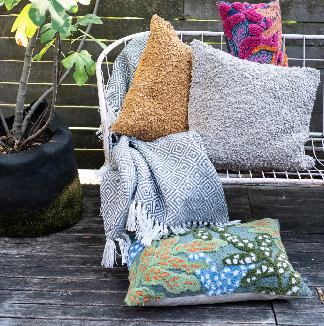 Woven Boucle Fabric Indoor Outdoor Lumbar Pillow w Tufted Botanicals