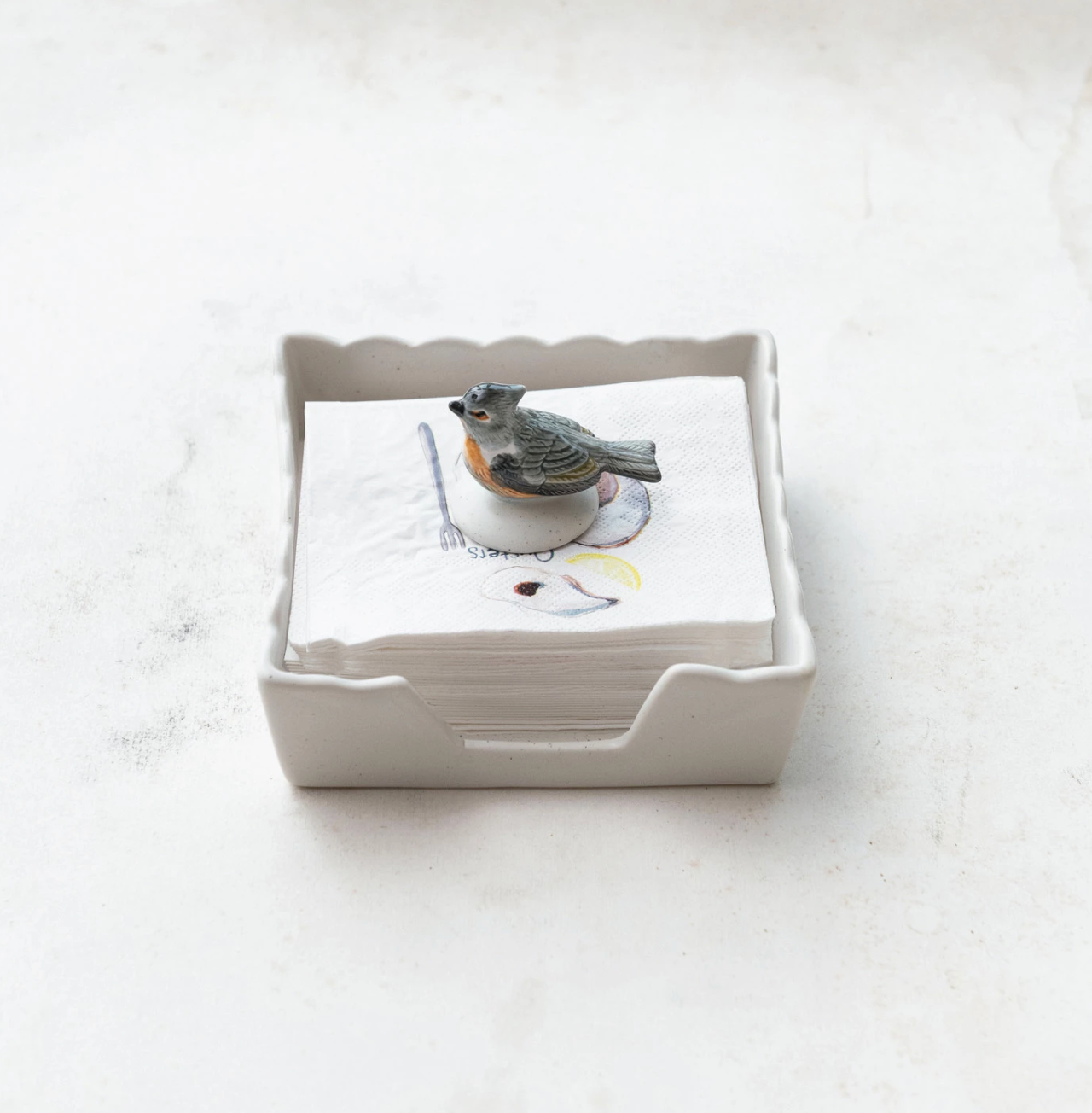 Stoneware Napkin Holder w Bird Shaped Weight