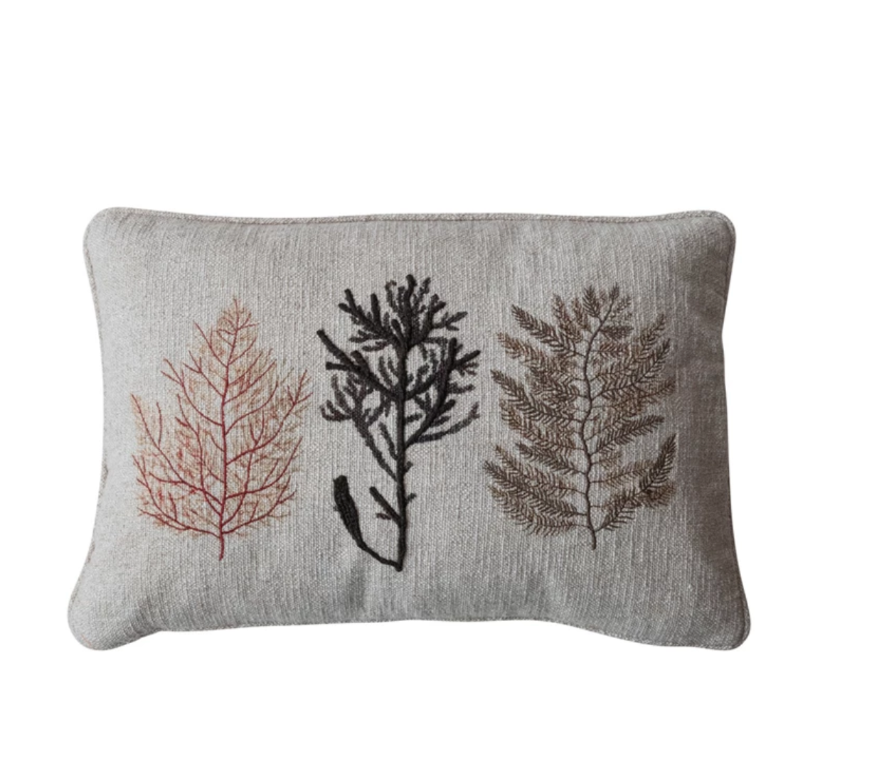 Cotton Blend Printed Lumbar Pillow w Embroidered Coral
