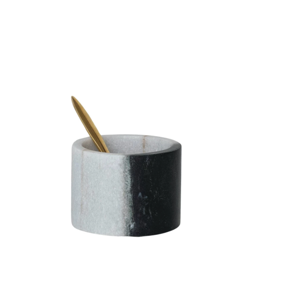 Marble Salt Cellar w Brass Spoon