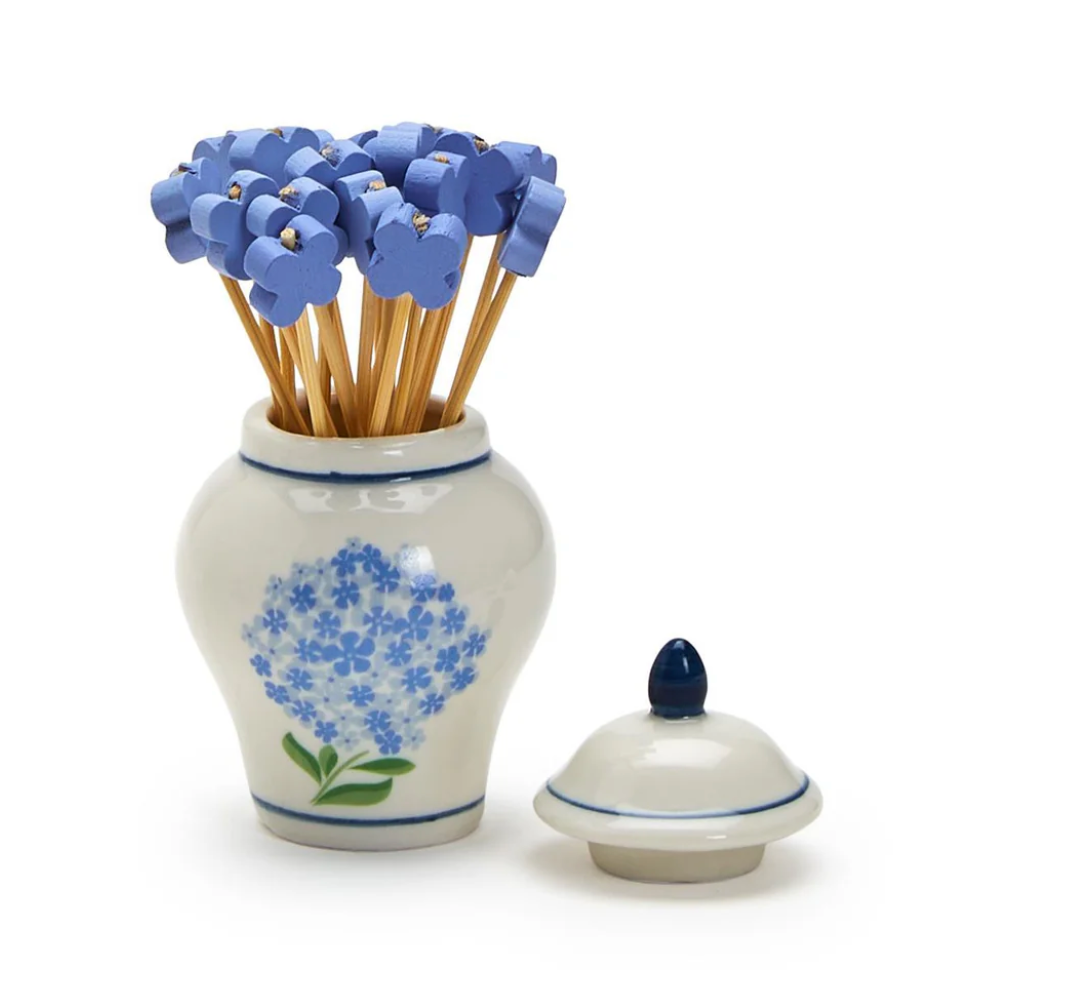 Ginger Jar with 20 Flower Shape Cocktail Picks