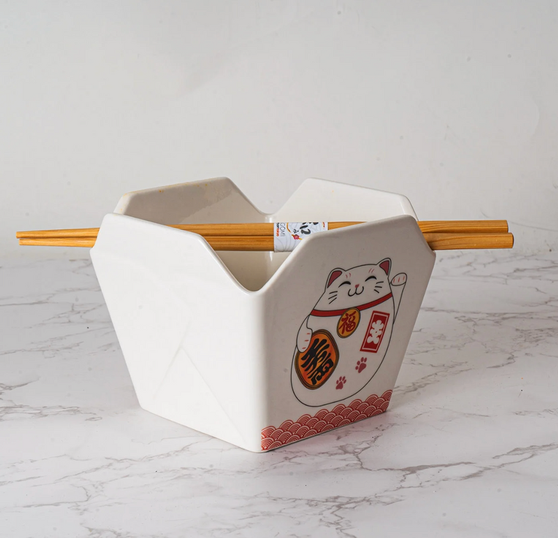 Takeout Box Serving Bowl With Chopsticks Lucky Cat