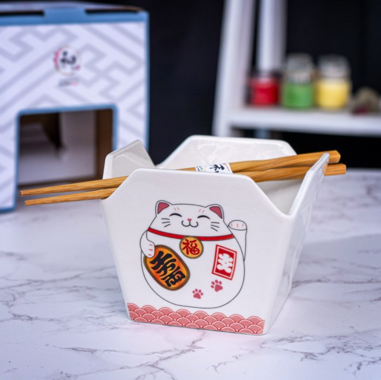 Takeout Box Serving Bowl With Chopsticks Lucky Cat