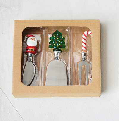Cheese Knives with Hand Blown Glass Holiday Icon Handle