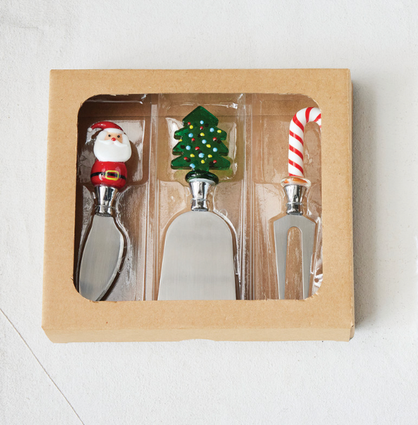 Cheese Knives with Hand Blown Glass Holiday Icon Handle