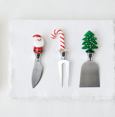 Cheese Knives with Hand Blown Glass Holiday Icon Handle