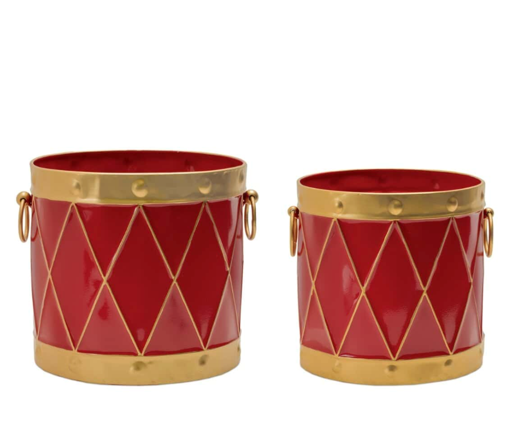 Metal Drum Shaped Buckets Red Gold Finish