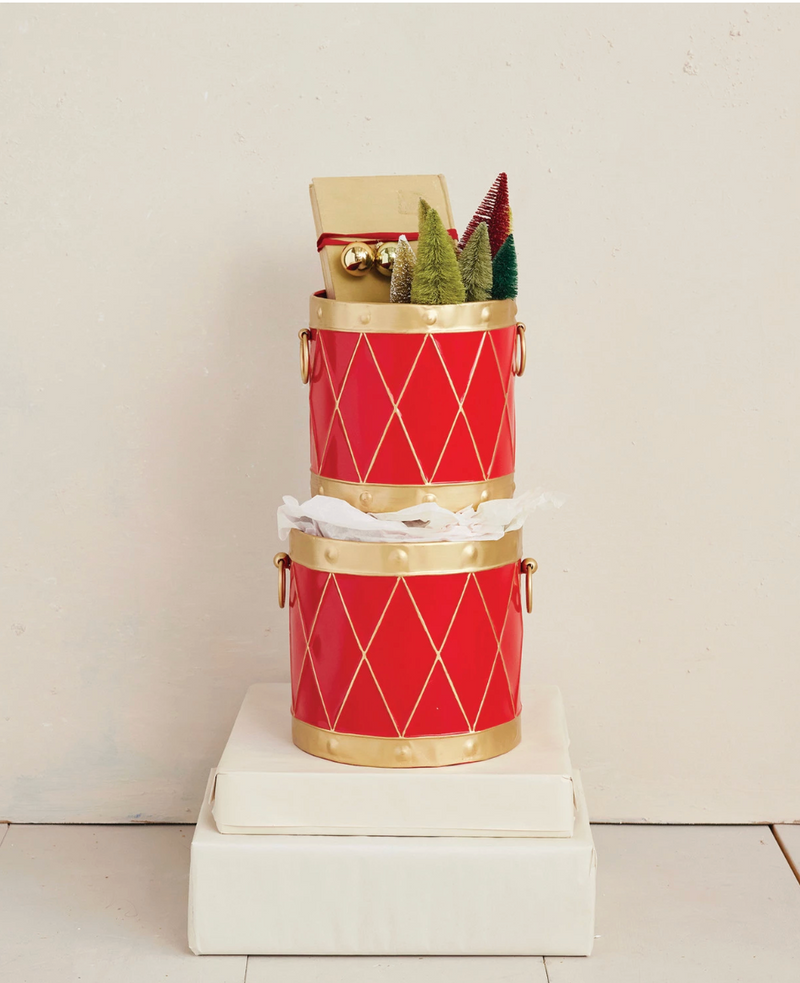 Metal Drum Shaped Buckets Red Gold Finish