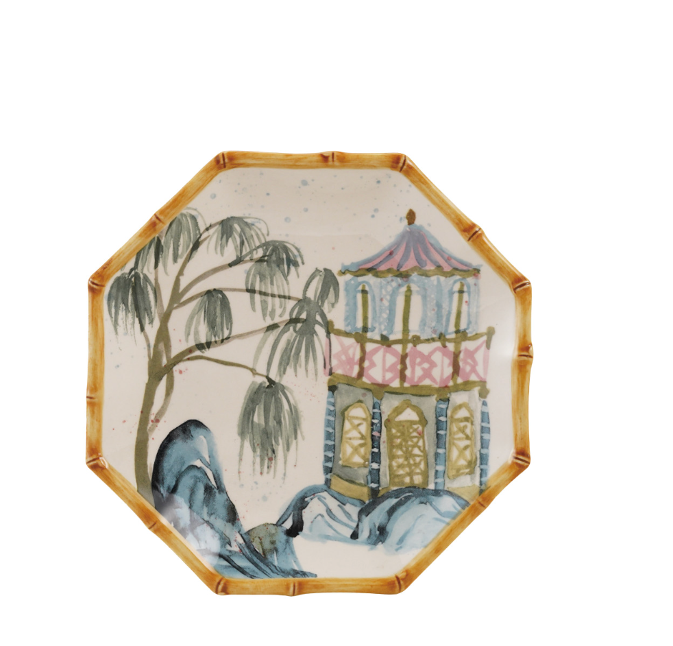 Octagon Shaped Plate w House Palm Tree Bamboo