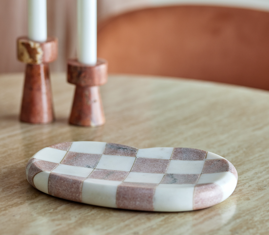 Marble Check Pattern Dish Pink White