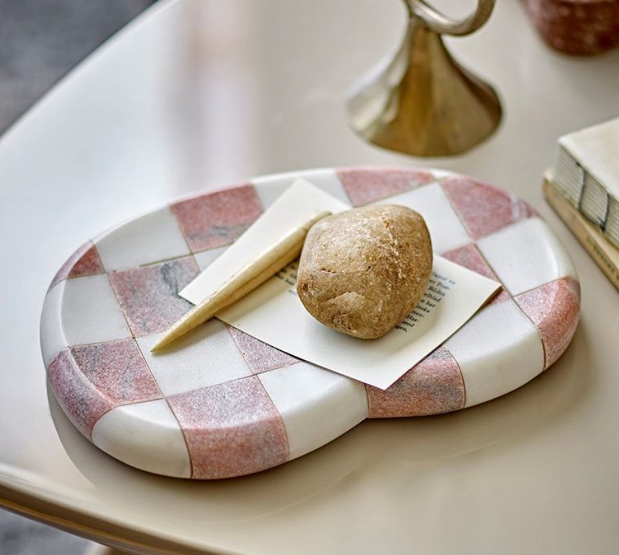Marble Check Pattern Dish Pink White