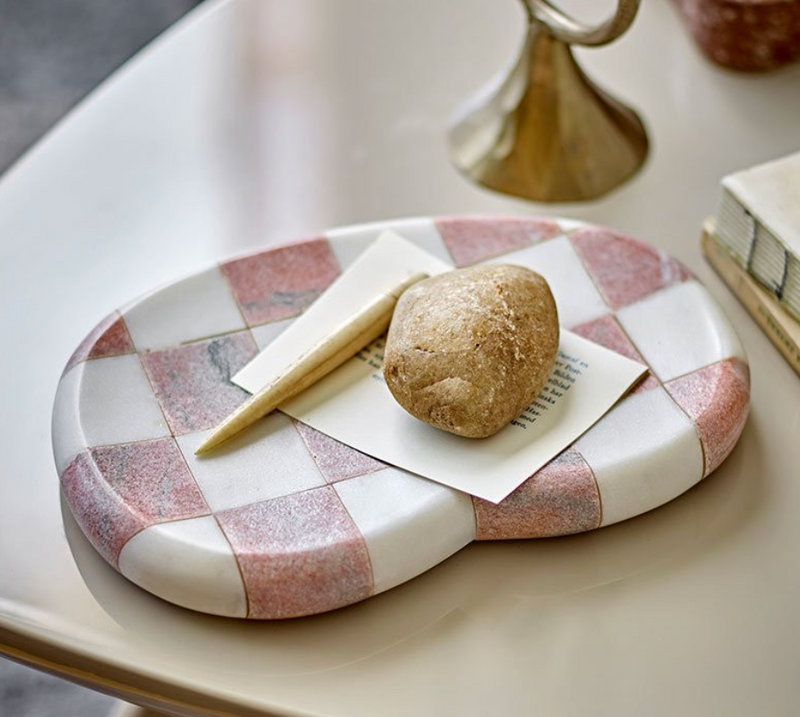 Marble Check Pattern Dish Pink White