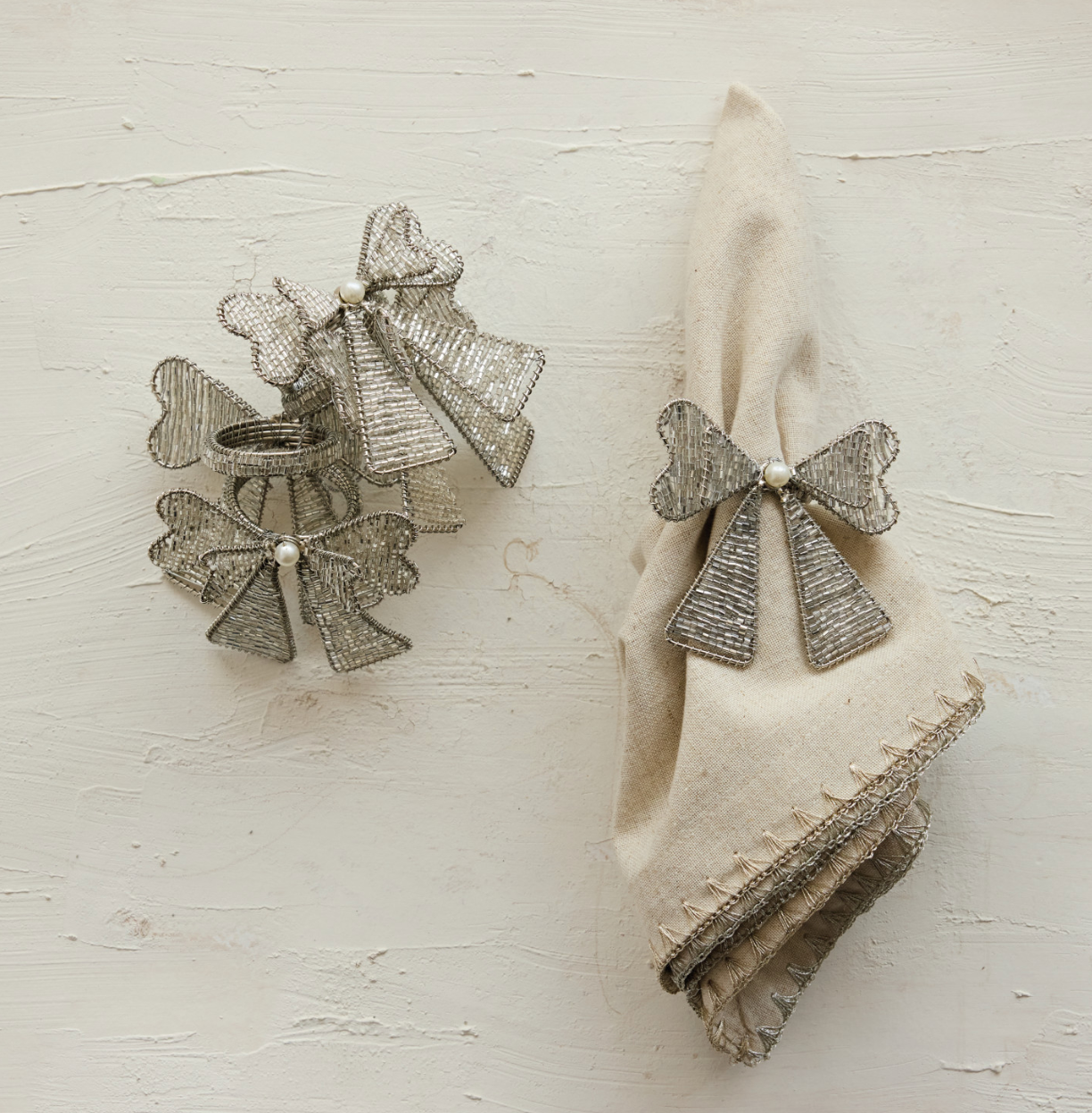 Beaded Bow Napkin Rings Set of 4
