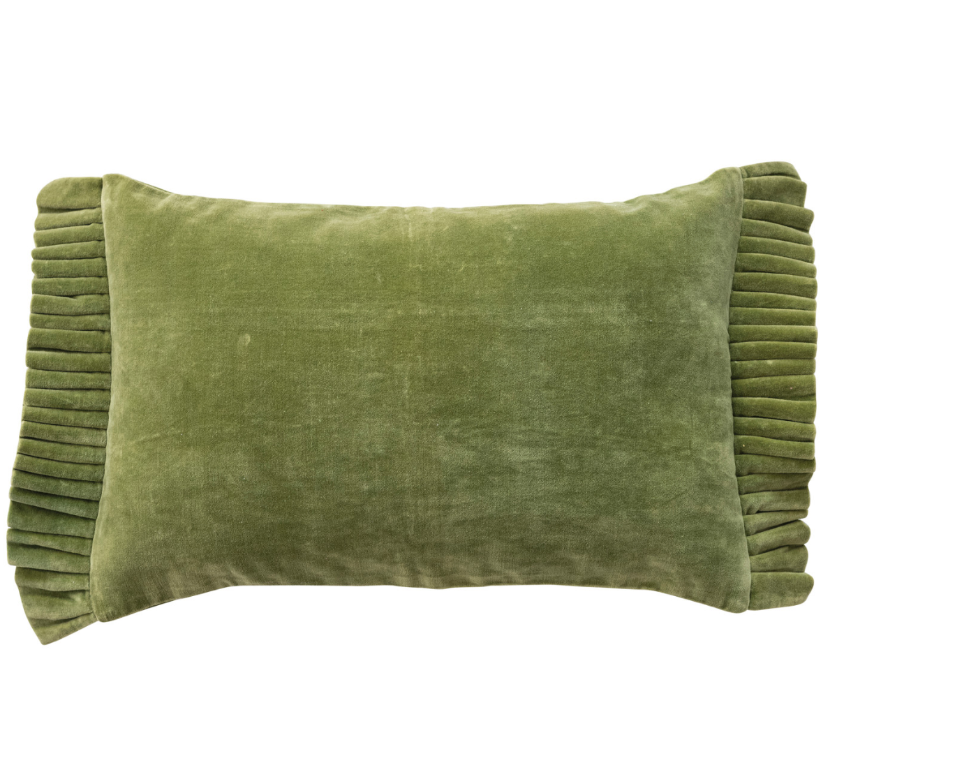 Cotton Velvet Lumbar Pillow with Ruffle TrimG reen