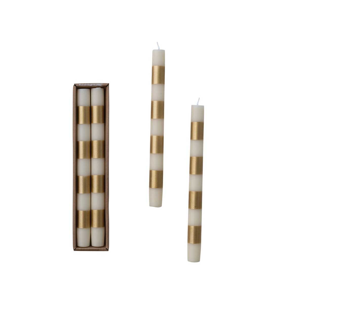 Unscented Taper Candles w Stripes Cream Gold