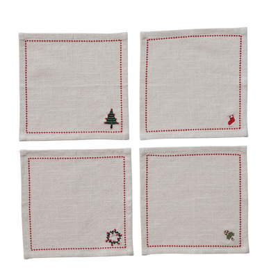 Cocktail Napkins with Border Stitch Set of 4