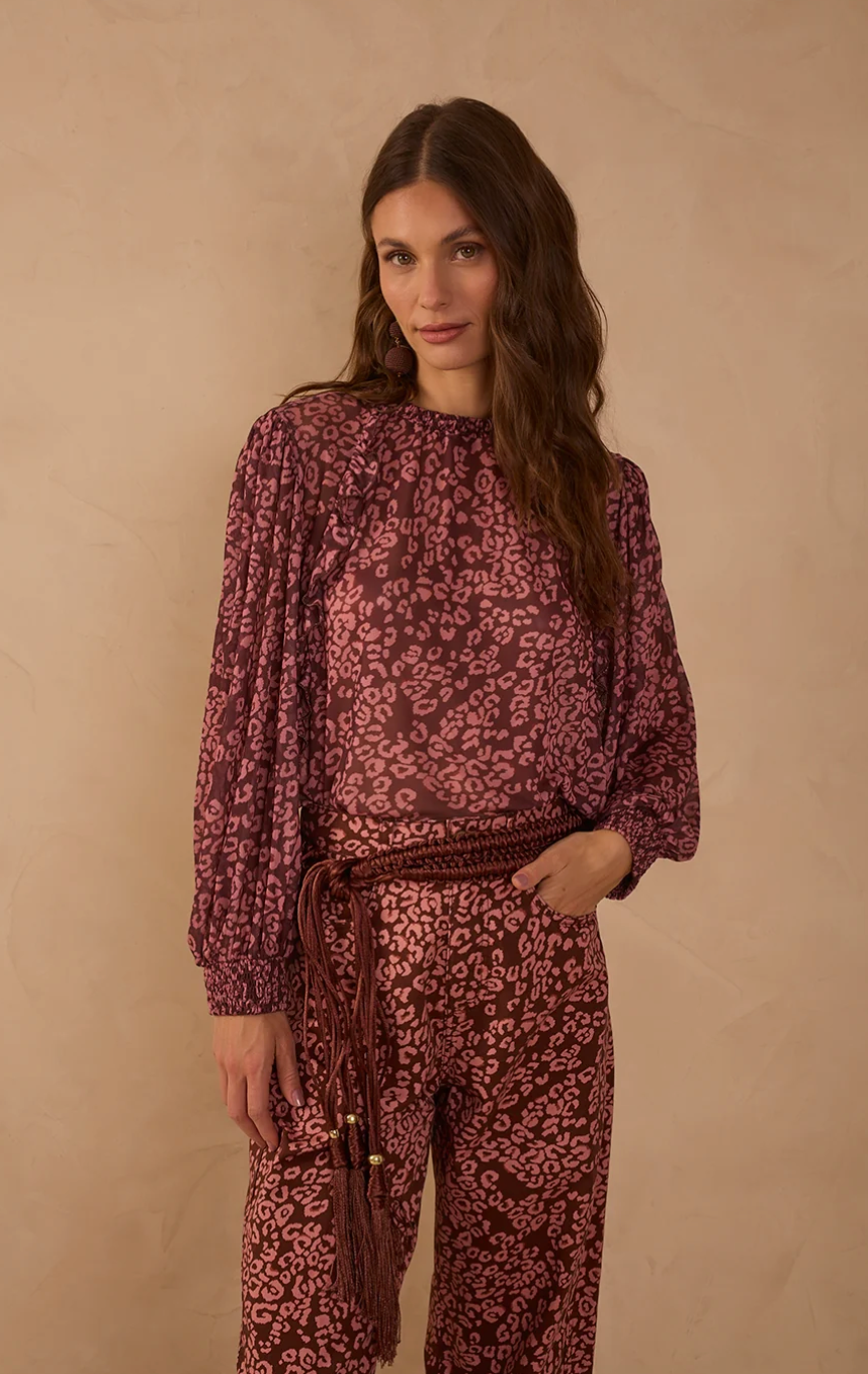 Julieta Mesh Blouse Long Sleeve Ruffled Hem Brown Felina