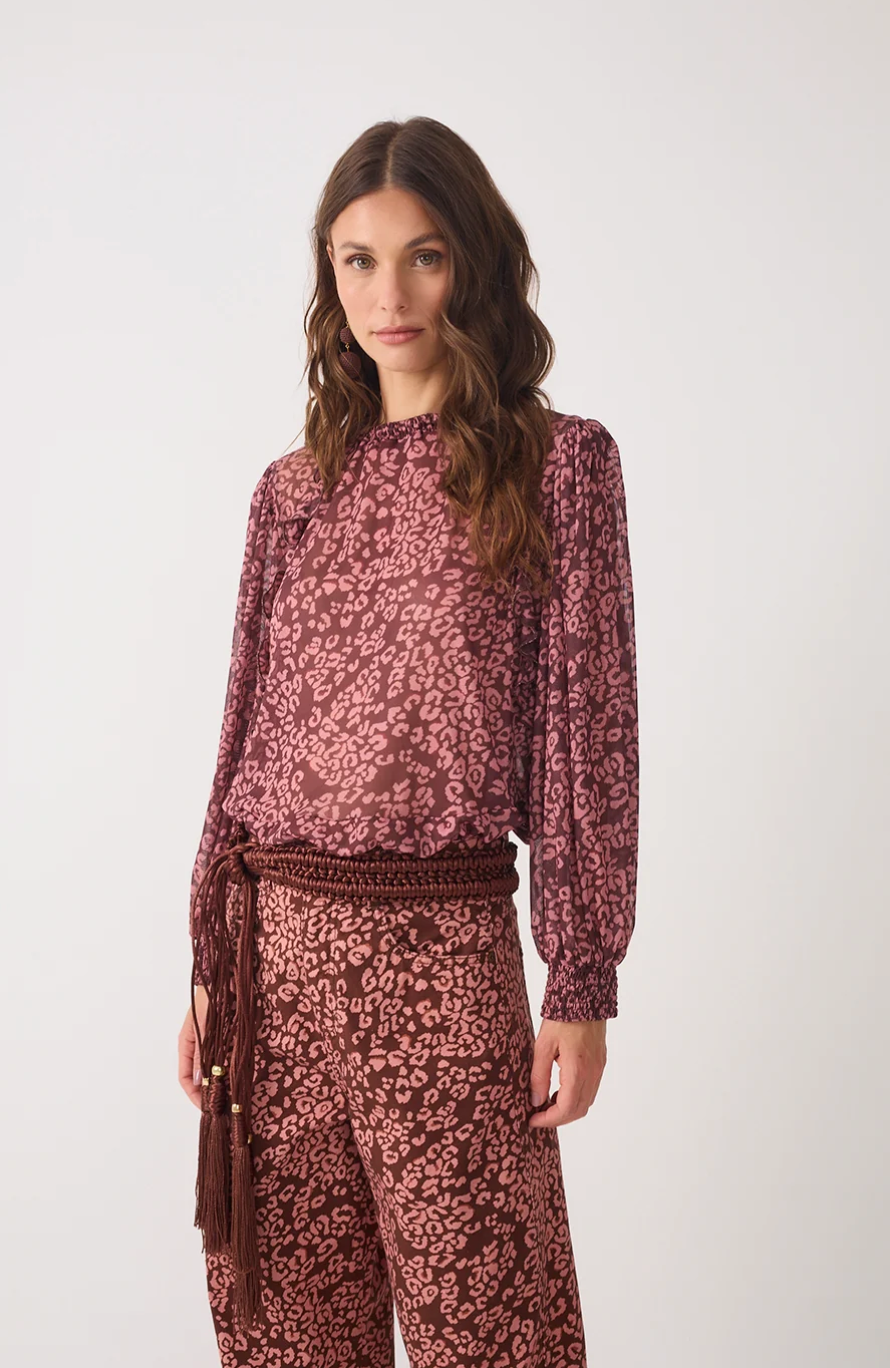 Julieta Mesh Blouse Long Sleeve Ruffled Hem Brown Felina