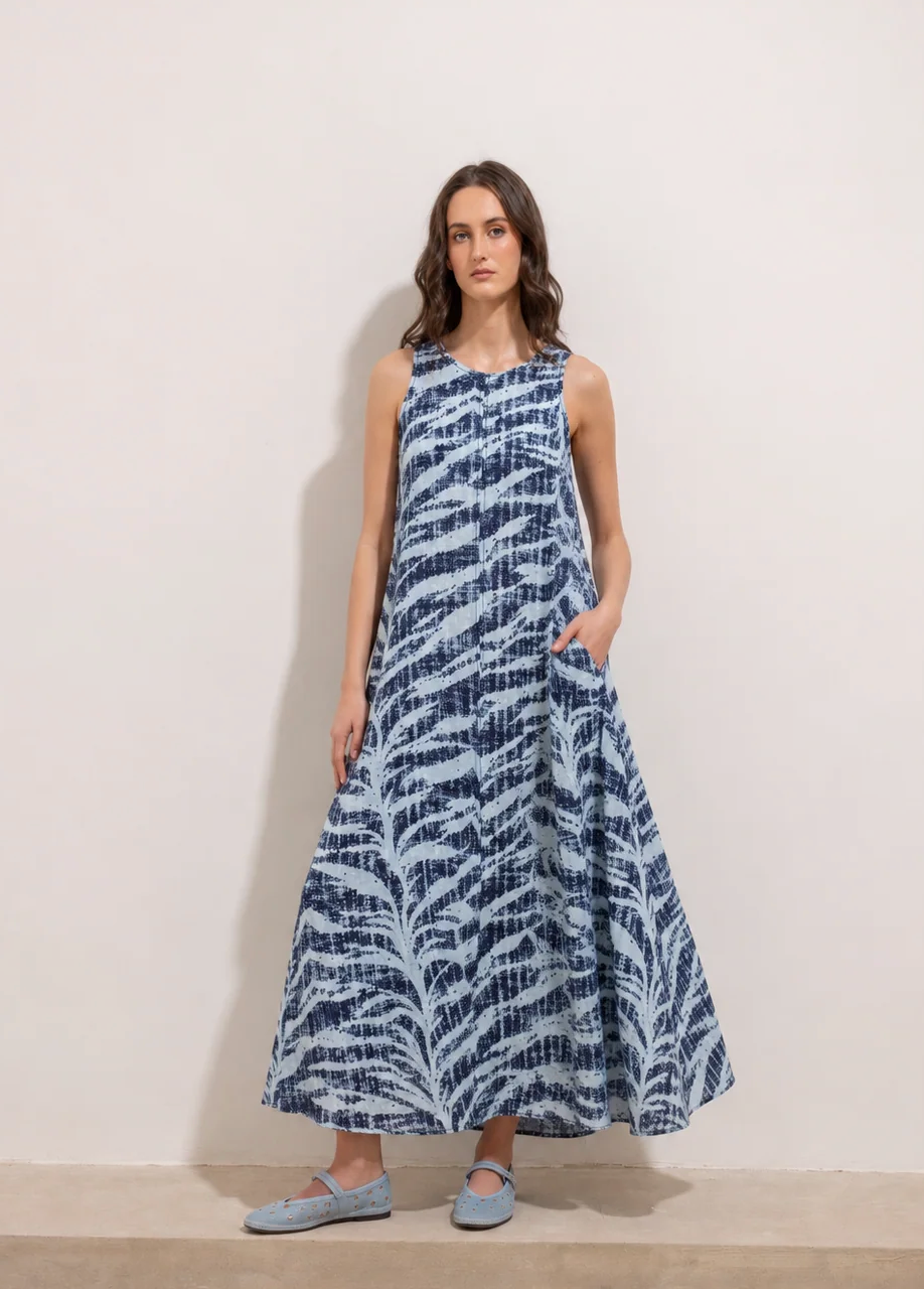 Vestido Vania Lino Animal Print Blue