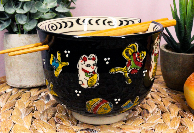 Noodle Bowl With Chopsticks Set Lucky Cat Design