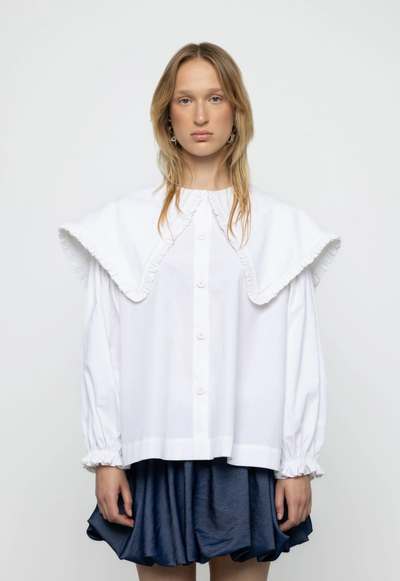 Ruffle Trim Oversized Sailor Shirt White