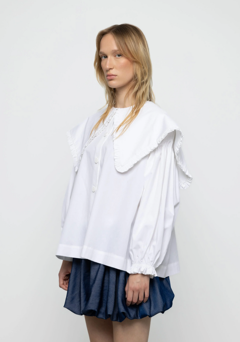 Ruffle Trim Oversized Sailor Shirt White