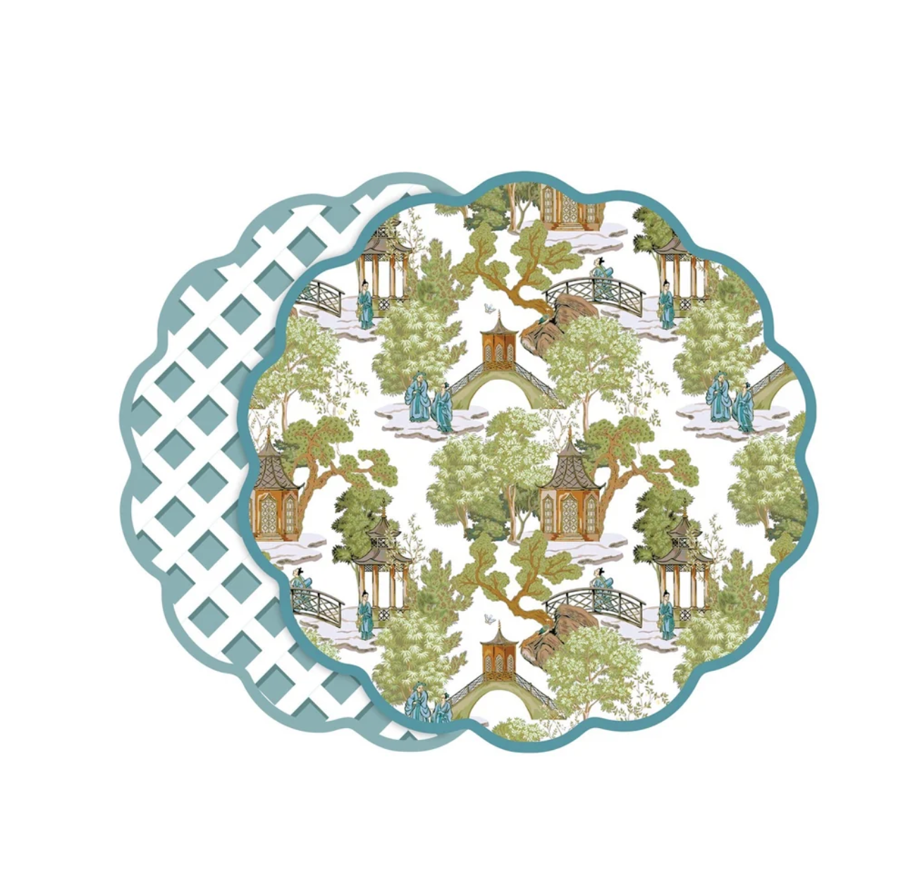 Pagoda and Lattice Reversible Placemats Set of 4 Blue and Green