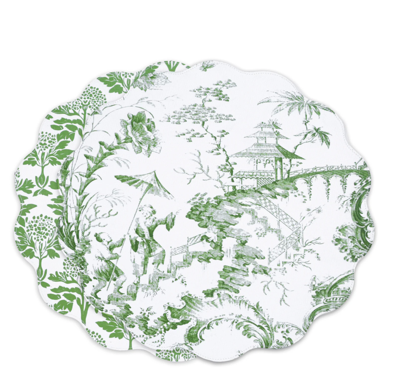 Chinoiserie Reversible Round Placemats Set of 4 Green & White
