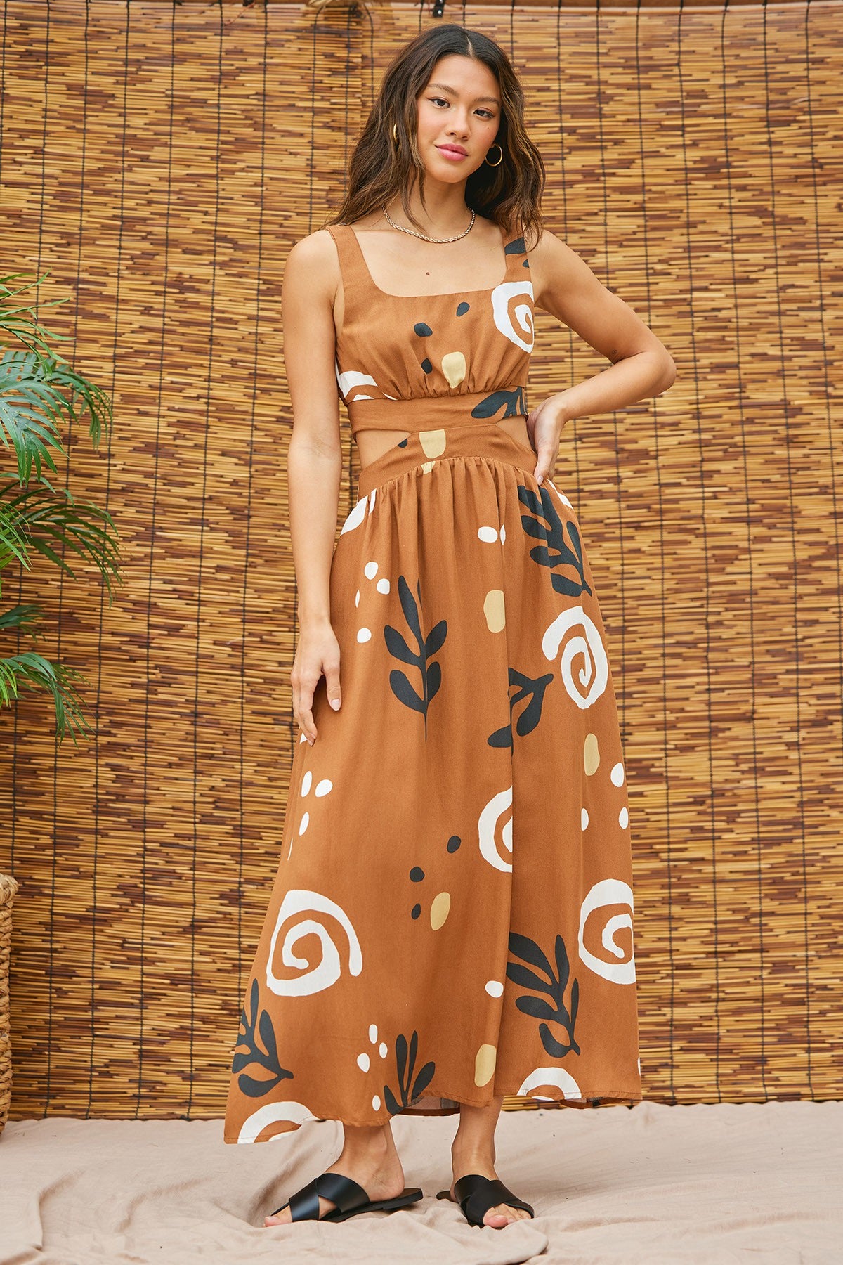 Printed Cutout Maxi Dress Camel