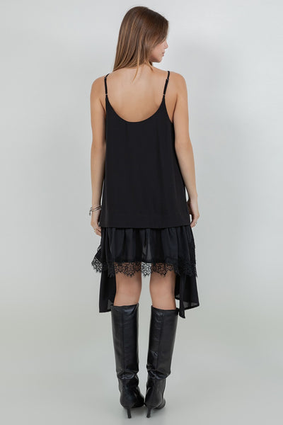 Asymmetrical Lace Pointelle Woven Tank Dress Black