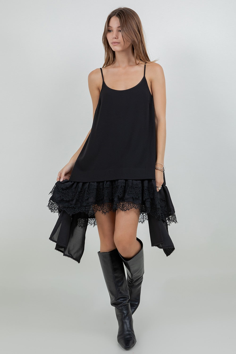 Asymmetrical Lace Pointelle Woven Tank Dress Black