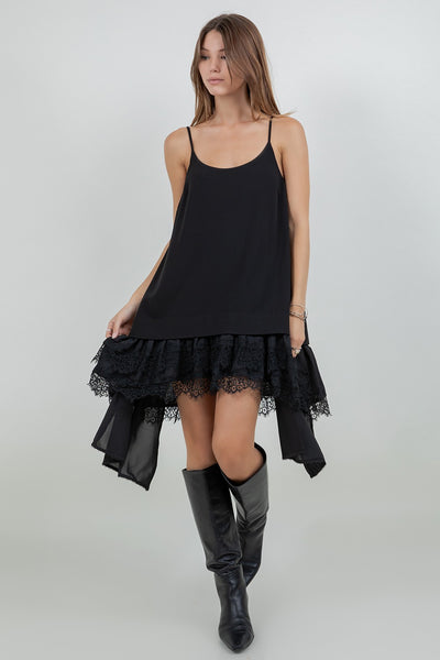 Asymmetrical Lace Pointelle Woven Tank Dress Black