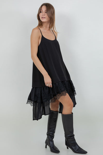 Asymmetrical Lace Pointelle Woven Tank Dress Black