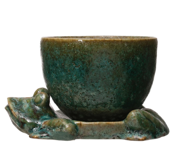 Stoneware Planter Frog Vase Green