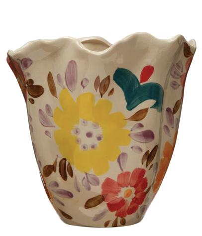 Painted Stoneware Ruffled Vase Florals Multi Color
