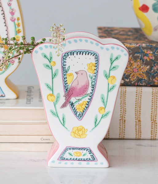 Vase Scalloped Edge Birds Multi Color