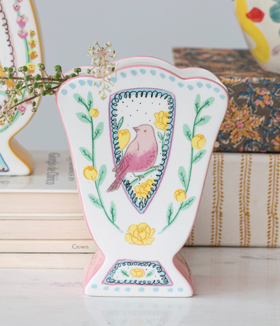 Vase Scalloped Edge Birds Multi Color