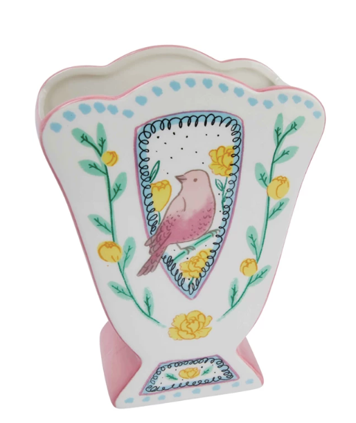 Vase Scalloped Edge Birds Multi Color