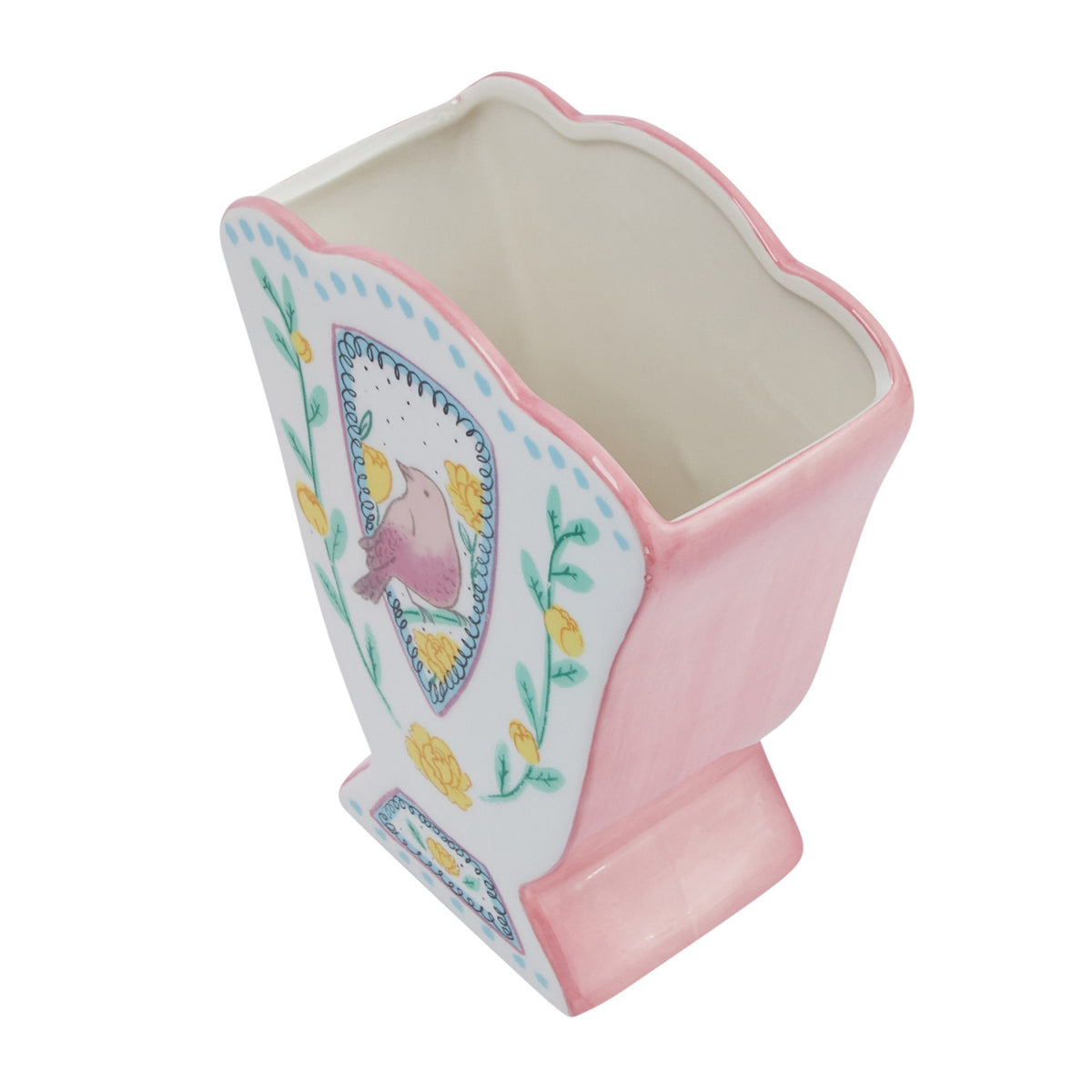 Vase Scalloped Edge Birds Multi Color