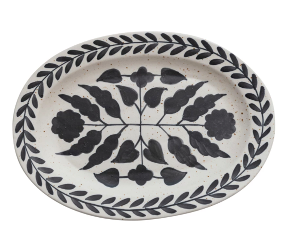 Platter w Floral Design Matte Black Cream