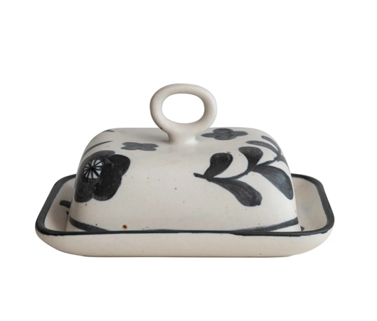 Butter Dish Floral Matte Black Cream