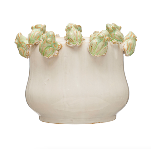 Stoneware Planter w Frogs on Rim White & Green